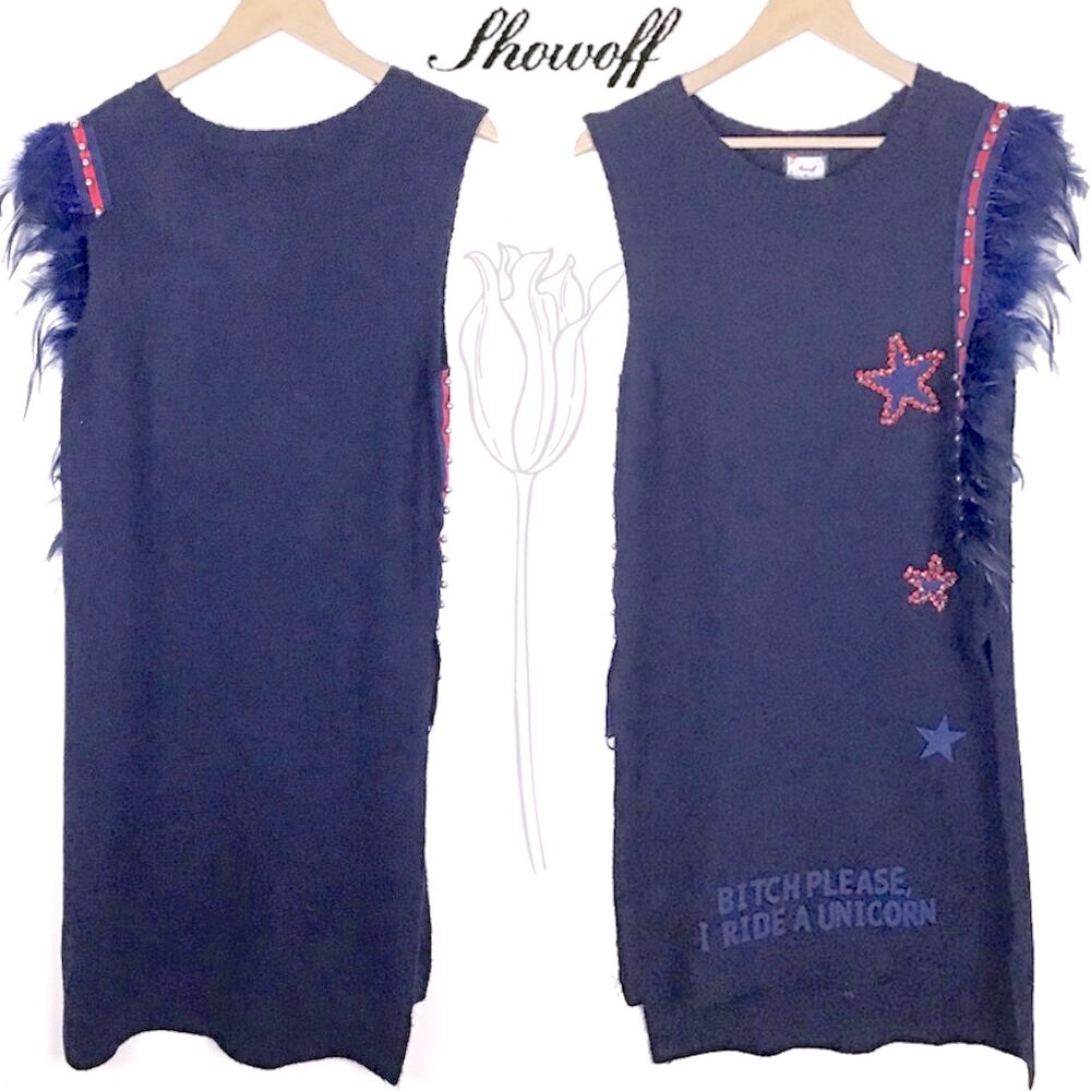 SHOWOFF Navy Blue Knit Embellished Graphic Sleeveless Dress - Picture 2 of 15